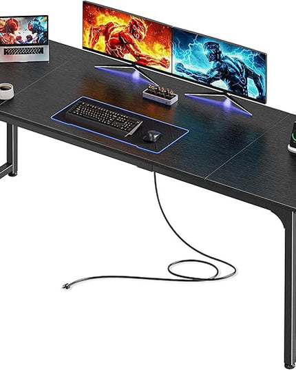 PRAISUN 70 X 24 Inch Office Computer Desk with Power Outlets and USB-C Port, Larger and Longer Gaming Desk, for Home Office, Study, Writing Work from Home Table, Metal Frame, Black