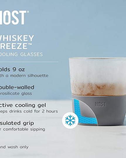 Host Glass Freeze Whiskey Cooling Glasses, Double Wall Glass Cups, Drink Tumblers for Whiskey Tumblers, Insulated Cup Drinkware, 9oz Glass Set of 2