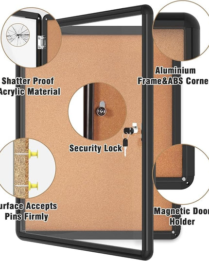 Mifuro 26"x20" Enclosed Bulletin Board, Lockable Weather-Resistant Aluminum Cork Noticeboard for School & Office, Black Frame w/Cork