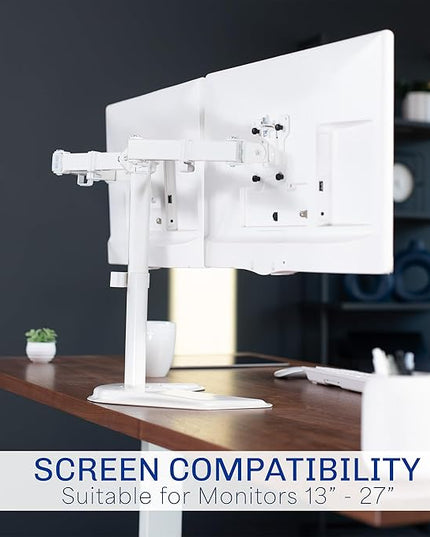VIVO Dual LED LCD Monitor Mount, Free-Standing Desk Stand for 2 Screens up to 27 Inch, Fully Adjustable Arms with Max VESA 100x100mm, Extra Large Base, White, STAND-V002FW