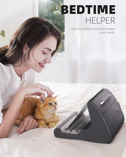 Lamicall Tablet Stand Pillow Holder - Tablet Pillow Soft Pad for Bed, Lap Phone Stand with Stylus Mount & Pocket, for iPad Pro 12.9, Air, Mini, Kindle, Galaxy Tab and 4-13" Devices, Dark Grey