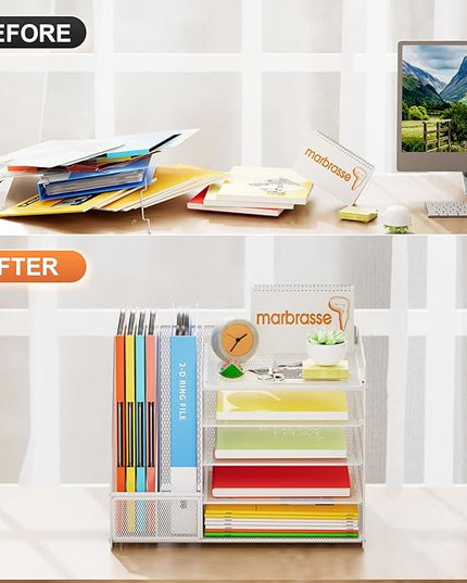 Marbrasse Desk Organizer with File Holder, 5-Tier Paper Letter Tray, Mesh Desk Organizers and Accessories with Magazine Holder, Desktop Organizer and Storage for Office Supplies (White)