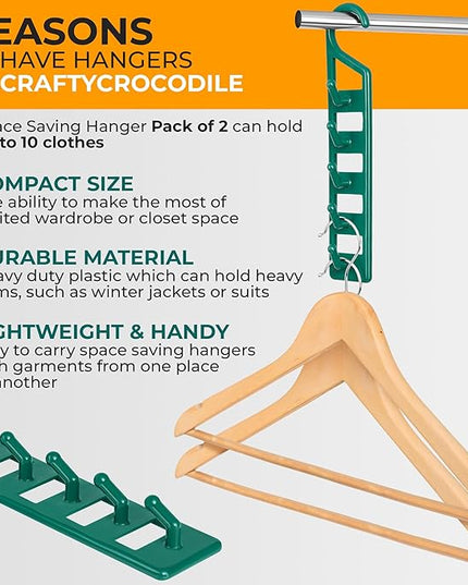 CraftyCrocodile Space Saving Hangers for Clothes - 2 in Pack, Heavy Duty Plastic, Multi Closet Space Savers for Shirts, Pants, Jeans, Sweaters - Hanger Organizer Space Saver