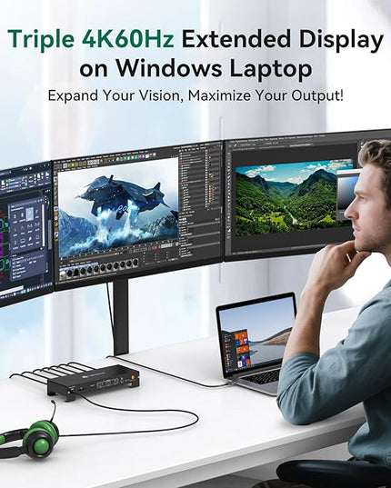 USB C Laptop Docking Station 3 Monitors Triple 3840*2160@60Hz Display with 120W Power Supply Computer PD 100W 15 in 1 Thunderbolt Dock Station for Multiple Monitors with USB 3.2 Port SD/Micro SD Solt