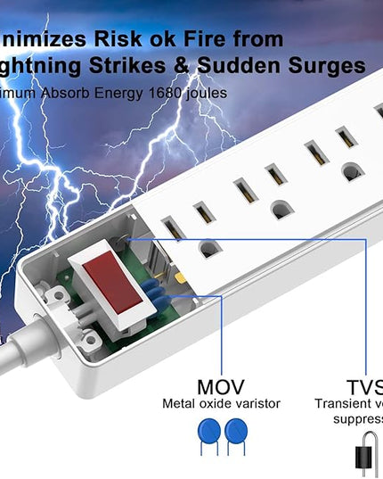 20Ft Power Strip Surge Protector - Yintar Extension Cord with 6 AC Outlets and 3 USB Ports for Home, Office, Dorm Essentials, 1680 Joules, ETL Listed, White