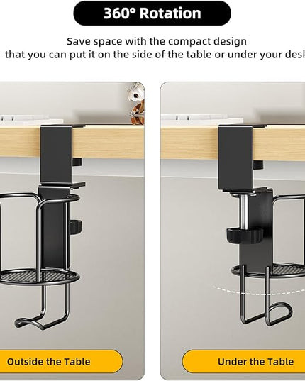 2 Pack 2 in 1 Desk Mug Hooks with Headphone Hanger Holder, Anti-Spill Clip-On Table Mug Hooks with 360° Rotation for Lawn Chair, Office Home Gaming Table