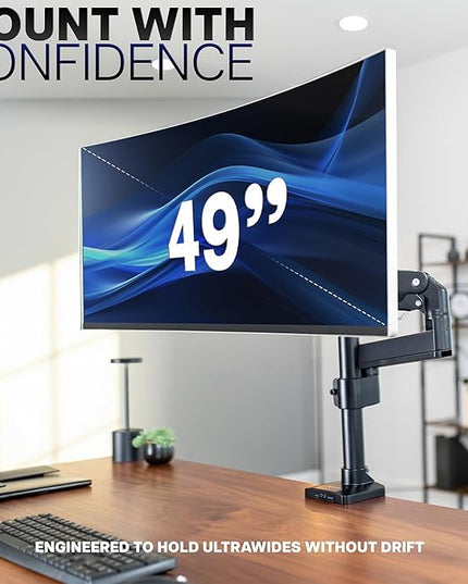 VIVO Premium Aluminum Tall Extended Monitor Arm for Ultrawide Monitors up to 49 inches and 33 lbs, USB Single Desk Mount Stand, Pneumatic Height Adjust, Max VESA 100x100, Black, STAND-V101GTU
