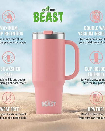 Beast 50 oz Tumbler with Handle Stainless Steel Vacuum Insulated Coffee Ice Cup Double Wall Travel Flask (Blossom Pink)