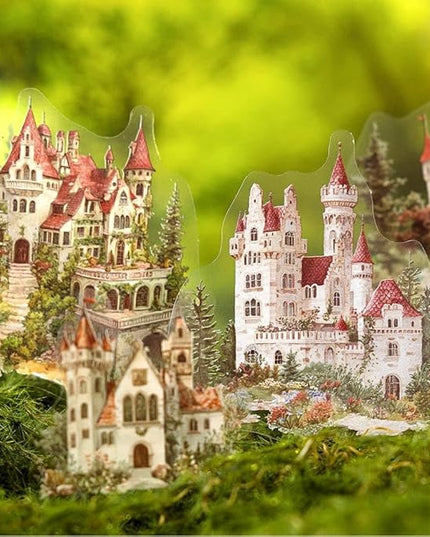 Dwpetzo 6 Pack 180Pcs Nature Scenery Tree House Cottage Castle Manor Scene Stickers for Journaling, Transparent PET Stickers for Scrapbooking, Junk Journal Supplies, Bujo, Collage