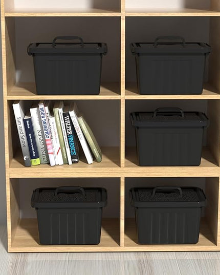 6 Pieces Small Storage Bins with Lid, Plastic Storage Box Organizing Container with Handle for Shelves Desktop Playroom Office (10.6 x 7.6 x 6.3 Inch, Black), F