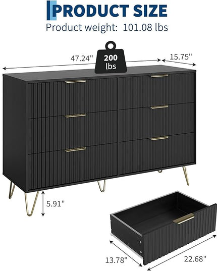 Garvee Fluted Dresser for Bedroom with 6 Drawers,47" Wide Modern Chest of Wooden Bedroom Chest with Metal Handle,Clothes Storage Organizer,Closet Dresser & TV Stand for Living Room,Hallway,6&Black