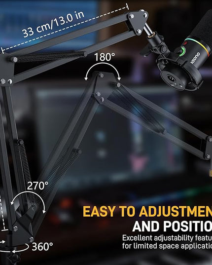 MAONO Boom Arm Microphone Stand: Adjustable Metal Suspension Mic Boom Arm for Podcast Gaming Streaming Recording,with Desk Clamp and 3/8" to 5/8" Screw Adapter-Max Load 1KG BA20 Black