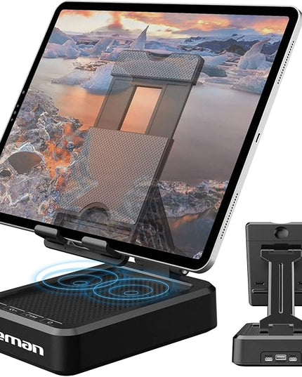 JTEMAN Tablet Stand Adjustable with Bluetooth Speakers,Kitchen Gadgets,Gifts for Women Men,Wireless Bluetooth Speaker Tablet Holder,Desk Mic Charging Sation Compatible with Phones and Tablet