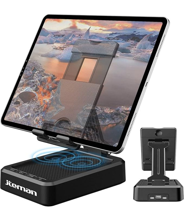 JTEMAN Tablet Stand Adjustable with Bluetooth Speakers,Kitchen Gadgets,Gifts for Women Men,Wireless Bluetooth Speaker Tablet Holder,Desk Mic Charging Sation Compatible with Phones and Tablet