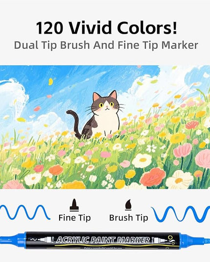 120 Colors Acrylic Paint Markers, Dual Tip with Fine Tip and Brush Tip Pens for Rock Painting Supplies, Canvas, Wood, Calligraphy, Metal, Ceramic, Glass, DIY Crafts Art Supplies Kit