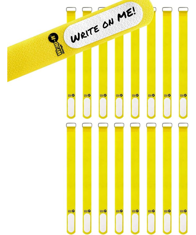 Wrap-It Storage Cinch-Straps, 12" 16 Pack (Yellow), Features Metal Buckle and Label for Cord Identification, Reusable Multi-Purpose Securing Cable Straps, Cord Wrap, Cord Organizers