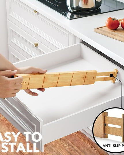 SpaceAid Bamboo Drawer Dividers with Inserts and Labels, Kitchen Adjustable Drawer Organizers, Expandable Organization for Home, Office, Dressers, 7 Dividers with 15 Inserts (17"-22" Natural)