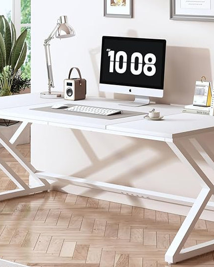 HSH White 70.8" Computer Desk, Modern Large Long Wood Metal Office Desk, Farmhouse Pc Study Work Writing Desk for Two Person, Rustic Double Workstation Executive Desk for Home Bedroom Living Room