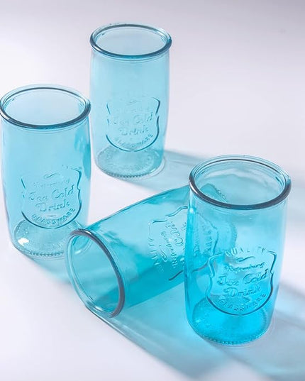Glaver's Highball Glasses Set of 4 – 20oz Artistic Ice-Cold Pretty Blue – Vintage Glassware with Embossed Logo – Beverage Drinking Glasses for Water, Juice, Cocktails. Hand Wash.