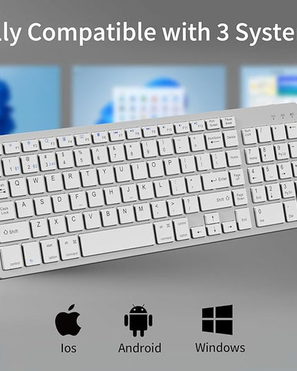 KVTVOU for Ultra-Slim Wireless QWERTY Keyboard, 3-in-1 Connection Modes (Dual Bluetooth+2.4G), Multi-Device Switching, Power-Saving & Anti-Slip, Compatible with PC/Laptop/Tablet/Phone, Sliver
