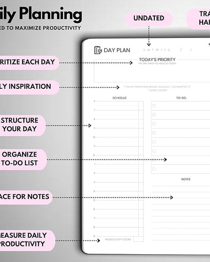Undated Daily Planner – 6-Month A5 Productivity Organizer with Full Page Per Day, Hourly Schedule, Goal Setting, Habit Tracker, Weekly & Monthly Pages – Hardcover Time Management Notebook (Pink)
