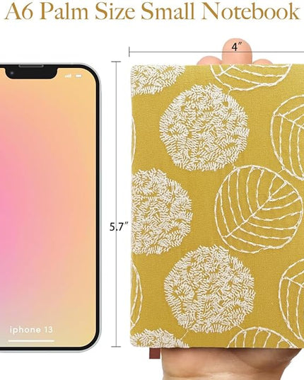 A6 Notebook, Pocket Journal, Embroidered Journal for Girl, Small Fabric Notebook, Lay Flat Hardcover Journal, 4x6 Lined Notebook & Sketchbook, Cute Diary, Writing Journal for Women, Yellow