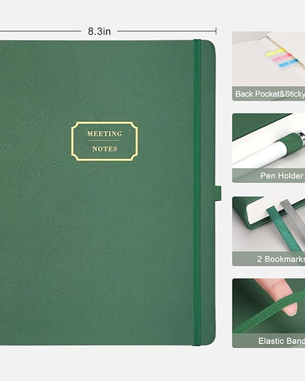 EMSHOI Meeting Notebook for Work with Sticky Tabs - 240 Pages, A4 Size Project Planner, PU Leather Meeting Agenda/Minutes Organizer for Women Men Note Taking Office Business, 8.3"x11.7", Dark Green