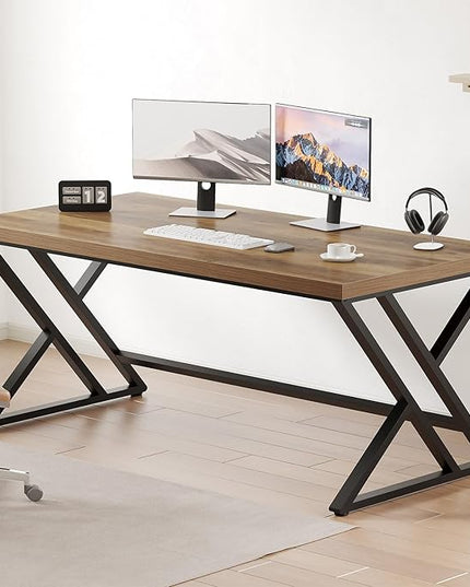 LVB Long Computer Desk, Big Industrial Home Office Desk, Large Metal Wood Writing Study Computer Table for Bedroom, Modern Executive Simple Gaming Work Desk for Student, Rustic Oak, 60 in