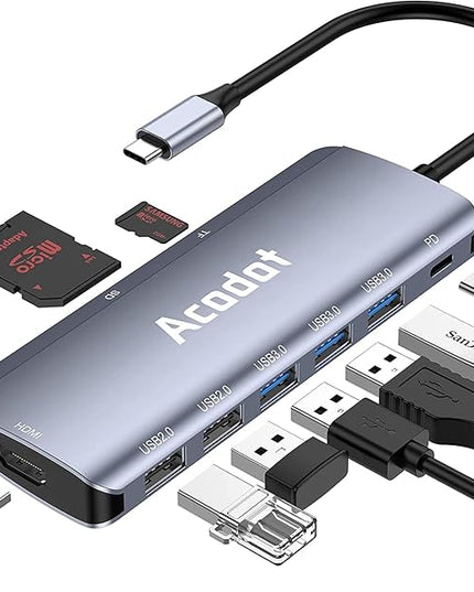 USB C Hub, Acodot 9 in 1 Type C Hub Adapter Portable Docking Station Aluminum Dongle Compatible with MacBook Pro/Thunderbolt 3 Laptops of Type C Devices, with 4K HDMI/ 5 USB Ports/ 100W PD/SD/TF