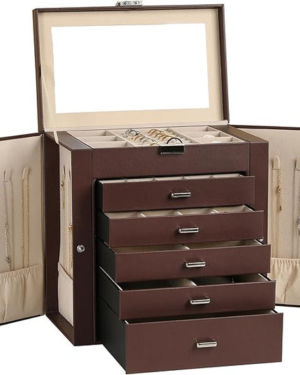 Frebeauty Large Jewelry Box,6-Tier PU Leather Jewelry Organizer,Multi-functional Storage Case with Mirror,Accessories Holder with 5 Drawers for Necklace Bracelets Watches(Dark Brown)