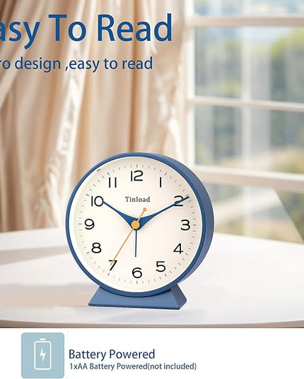 Tinload 4.5" Battery Operated Retro Analog Alarm Clock, Small Silent Bedside Desk Clock,Lighted on Demand, Battery Operated, Snooze, for Living Room, Bedroom, Bedside, Desk(Blue)