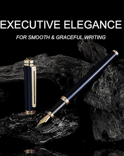 HDDNB Blue Luxury Fountain Pen Set for Men and Women with Gift Box, 24K Gold Finish and Gilded Nib(Medium) with 5 Black Ink Cartridges and Converter