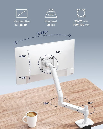 Single Monitor Arm Desk Mount, Holds Screens up to 40 Inches and 25 lbs, Fully Adjustable Vesa Monitor Mount with C-Clamp and Grommet Base, Aluminum, White