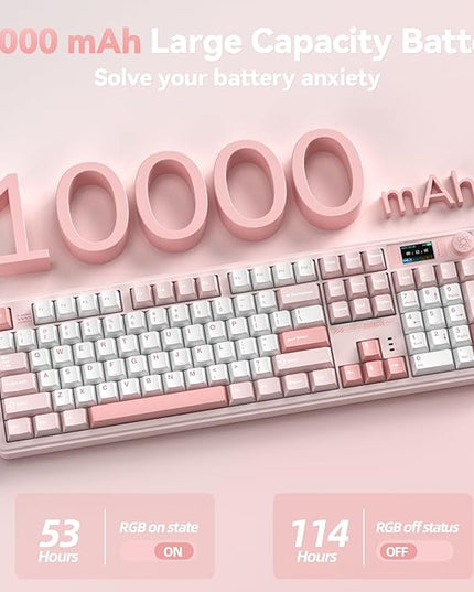 LINGBAO K108 Pro Wireless Mechanical Keyboard with Screen & Knob, Full Size Creamy Keyboard with Number Pad, 10000mAh Battery, PBT Keycaps, RGB Backlit, Hot-swappable Pink Gaming Keyboard for PC/Mac
