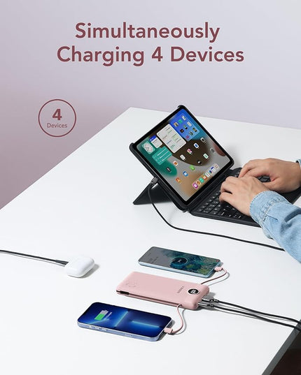 VEGER Portable Charger with Built-in AC Plug and Cables, All in One 10000mAh Ultra Slim Power Bank Travel Essentials, 15W Fast Charging Battery Pack Compatible with iPhone, Samsung, Android (Crepe)
