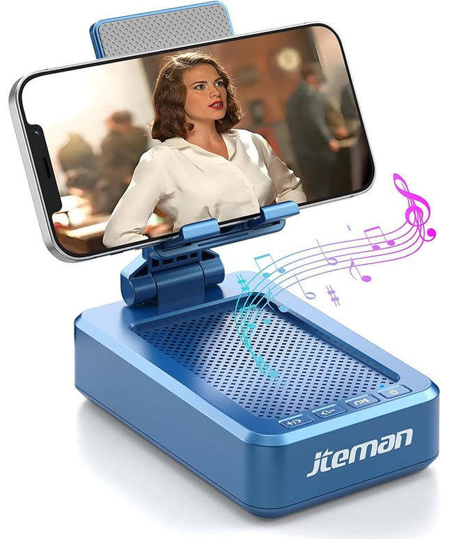 JTEMAN Phone Stand with Wireless Bluetooth Speaker, HD Surround Sound Bluetooth Speaker for Desk Perfect for Home Kitchen Gadgets Gifts,Compatible with iPhone/ipad/Samsung Galaxy(Blue)