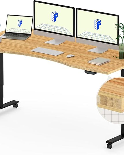 FLEXISPOT E6 MAX Bamboo 60x30 Inch Dual Motor 3-Stage Heavy Duty Standing Desk, 330lbs Weight Capacity, Height Adjustable Desk w/Cable Management & Wheels (Solid Bamboo Curved Desktop + Black Frame)