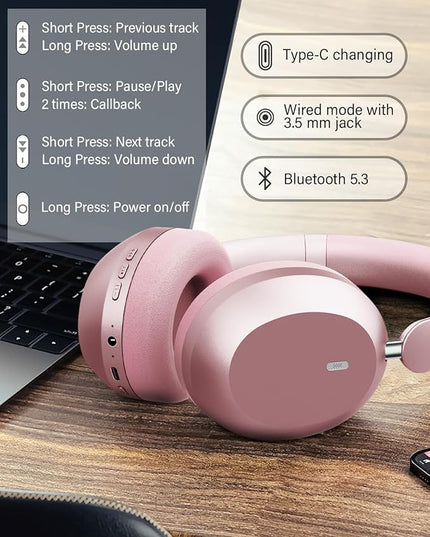 Wentronic Y05 Bluetooth Headphones Wireless Over Ear Noise Cancelling with Microphone 48 Hours Playtime, High Sound Quality Foldable Soft Earpads Headphones for Travel-Pink