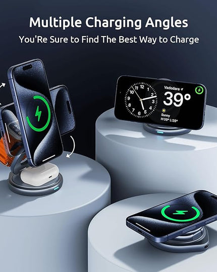 3 in 1 Wireless Charging Station for Apple Travel Charger for Multiple Devices Aluminum Alloy Foldable Magnetic Magsafe Charger 360 Rotating for iPhone 17/16/15/14/13/12 Series,for iWatch,for Airpods