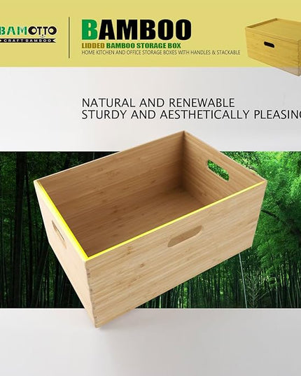 BAMOTTO Lidded Bamboo Storage Bins & Box/Cube/Basket, Home Kitchen and Office Storage Boxes with Handles & Stackable for Organizer Tableware, Clothing, Toys, Office Shelf Books, 14.6”x10.2”x6.5”