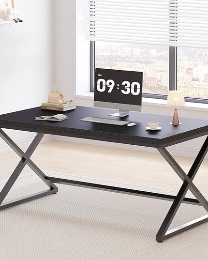 IBF Black Desk, Modern Computer Desk for Home Office, Industrial Simple Pc Gaming Writing Study Desk in Bedroom, Wood Metal Laptop Workstation Executive Work Computer Table, Black Oak, 55 Inch