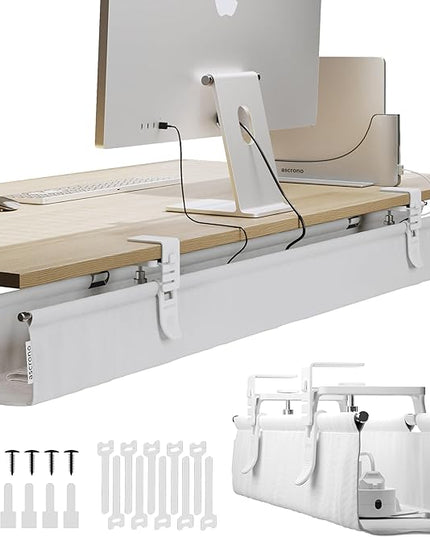Ascrono Original No Drill Under Desk Cable Management Tray 53.9" - Premium White Fabric Cable Management Under Desk - Clamp/Screw Mount Cord Organizer - Supports Upto 66lbs - Extra Large