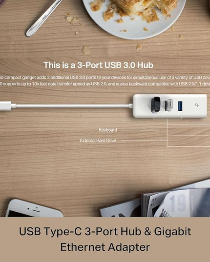 TP-Link UE330C USB-C 3.0 to Ethernet Adapter | Portable 3-Port USB-A 3.0 Hub w/ 1 Gigabit RJ45 Ethernet Port | Laptop Network Adapter | Plug & Play | Supports Win 7/8/8.1/10/11, Mac OS X (10.9-10.15)