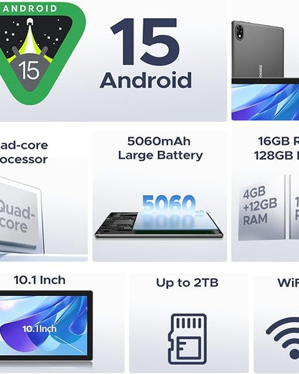 DOOGEE U10(2025) 10 inch Tablet with Keyboard, Android 15 Tablet 16GB+128GB/2TB Expand, 2.0GHz Quad Core Gaming Tablets,5060mAh,1280x800 IPS HD Touchscreen,WiFi 6,Dual Camera,BT5.0,Widevine L1,Gray
