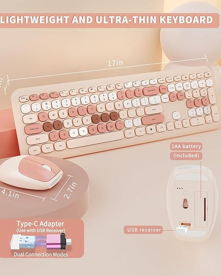 Wireless Keyboard and Mouse Combo, Colorful Ergonomic Full Size Retro Low-Noise Keyboard with Cute keycaps, Compatible with Windows, PC, Perfer for Home and Office Keyboards (Brown)