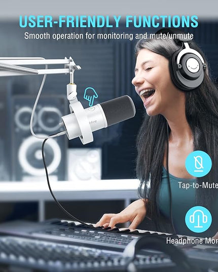 FIFINE Dynamic Microphone with Boom Arm, Studio Vocal XLR Microphone, Podcast USB Mic Kit for PC with Mute Button, Volume Knob, Headphone Jack, for Streaming Recording-AmpliTank K688CT White