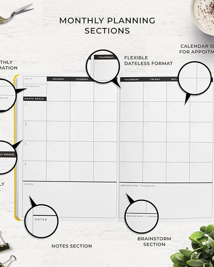 Smart Planner Pro – Undated Daily Planner – Small A5 – Achieve Goals & Increase Productivity – Weekly, Monthly, Work Sections, Organizer Diary with Back Pocket, 3 Satin Bookmarks & Pen Holder