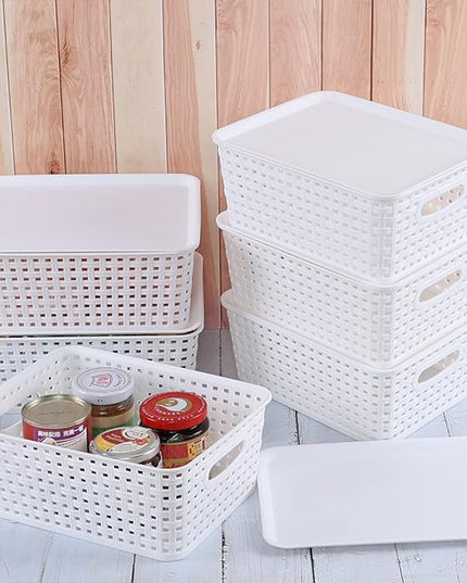 Hespama 6 Packs Lidded Storage Baskets, Plastic Desktop Organizer Baskets, White