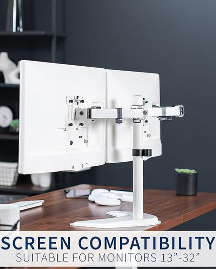 VIVO Dual LED LCD Monitor Mount, Free-Standing Desk Stand for 2 Screens up to 32 Inch, Heavy-Duty Fully Adjustable Arms with Max VESA 100x100mm, White, STAND-V032FW