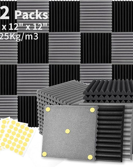 Focusound 52 Pack Black GreyAcoustic Foam Panels 1" x 12" x 12" Sound Proof Foam Panles Soundproofing Noise Cancelling Wedge Panels for Home Office Recoding Studio with 300PCS Double-Side Adhesive